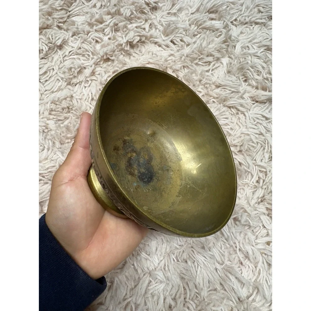 Antique Brass Pedestal Bowl Engraved Pattern Made in Korea 5 in Diameter Tested